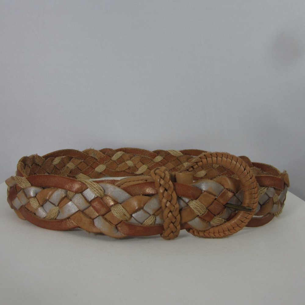 New Hollister Womens S Brown Silver Rose Gold Woven Leather Belt NWT 28" - 34"